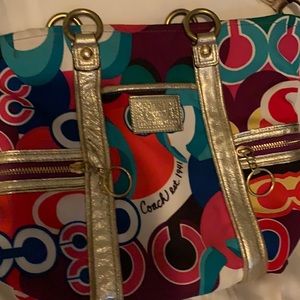 Multicolored coach handbag.